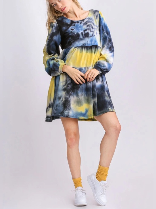 Umgee Dresses & Skirts - Umgee Tie-Dye Long Sleeve Dress in Blue, Yellow, Black Sz M